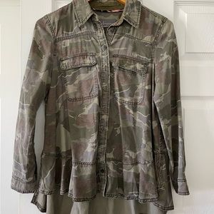 Anthropologie Ruffled Camouflage Blouse